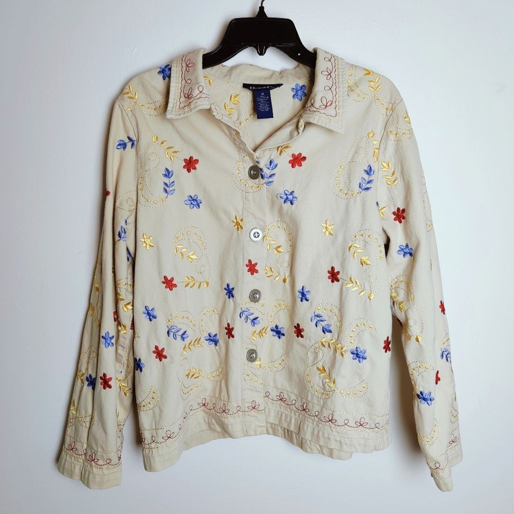 VTG Y2K Denim & Co. Floral Embroidered Boho Relaxed Fit Denim Jacket, Sz M